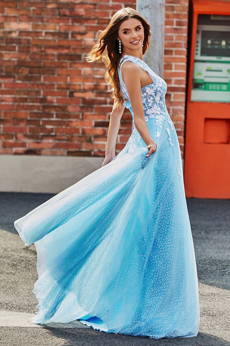 Load image into Gallery viewer, Light Blue A Line One Shoulder Long Tulle Formal Dress With Appliques