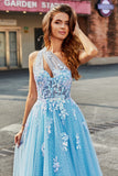 Light Blue A Line One Shoulder Long Tulle Formal Dress With Appliques