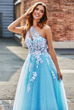 Light Blue A Line One Shoulder Long Tulle Formal Dress With Appliques