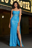 Stunning Mermaid Spaghetti Straps Blue Corset Formal Dress with Split Front