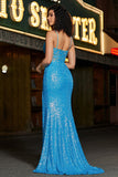 Stunning Mermaid Spaghetti Straps Blue Corset Formal Dress with Split Front