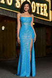 Stunning Mermaid Spaghetti Straps Blue Corset Formal Dress with Split Front