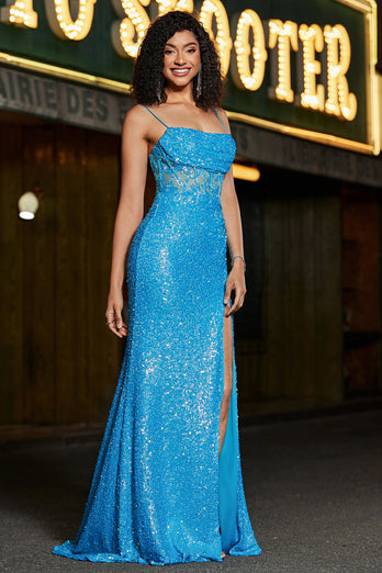Stunning Mermaid Spaghetti Straps Blue Corset Formal Dress with Split Front