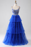 Royal Blue Tiered Formal Dress with Sequins