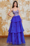 Gorgeous A Line Spaghetti Straps Royal Blue Long Formal Dress with Ruffles Appliques