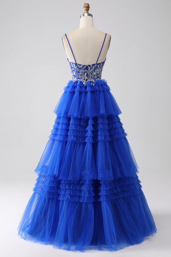Royal Blue Tiered Formal Dress with Sequins