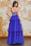 Gorgeous A Line Spaghetti Straps Royal Blue Long Formal Dress with Ruffles Appliques