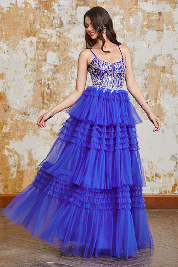 Gorgeous A Line Spaghetti Straps Royal Blue Long Formal Dress with Ruffles Appliques