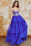 Gorgeous A Line Spaghetti Straps Royal Blue Long Formal Dress with Ruffles Appliques