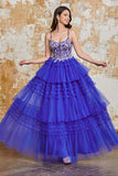 Gorgeous A Line Spaghetti Straps Royal Blue Long Formal Dress with Ruffles Appliques