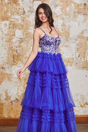 Gorgeous A Line Spaghetti Straps Royal Blue Long Formal Dress with Ruffles Appliques