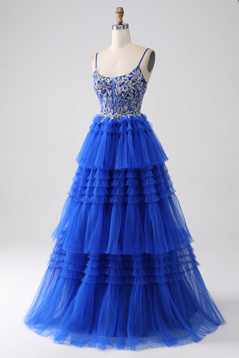 Load image into Gallery viewer, Royal Blue Tiered Formal Dress with Sequins
