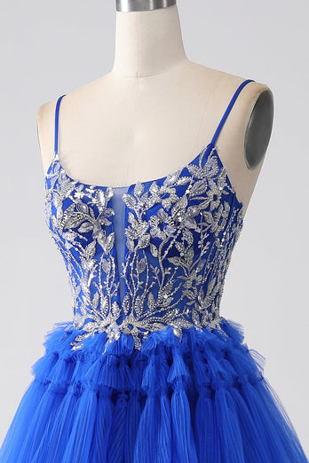 Royal Blue Tiered Formal Dress with Sequins
