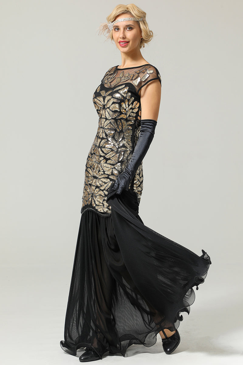 Load image into Gallery viewer, Black Gold Mermaid Flapper Dress