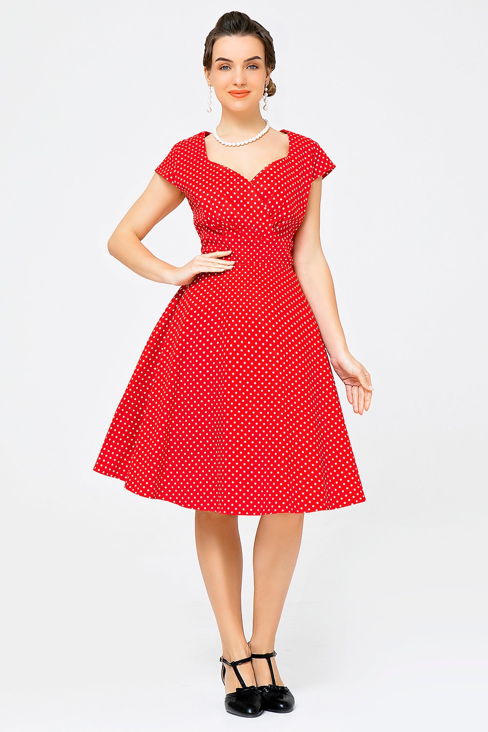 Red Small Polka Dots 1950s Swing Dress