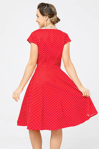 Red Small Polka Dots 1950s Swing Dress