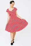 Red Small Polka Dots 1950s Swing Dress