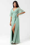 Chiffon V-neck Mint Bridesmaid Dress with Slit