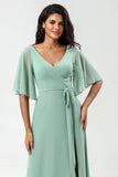 Chiffon V-neck Mint Bridesmaid Dress with Slit