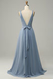 Dusty Blue Deep V Neck A Line Long Bridesmaid Dress