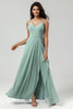 Load image into Gallery viewer, Green Spaghetti Straps Long Bridesmaid Dress with Ruffles