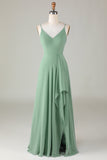 Spaghetti Straps Matcha Long Bridesmaid Dress with Ruffles