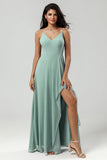 Green Spaghetti Straps Long Bridesmaid Dress with Ruffles