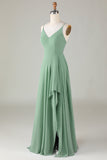 Spaghetti Straps Matcha Long Bridesmaid Dress with Ruffles