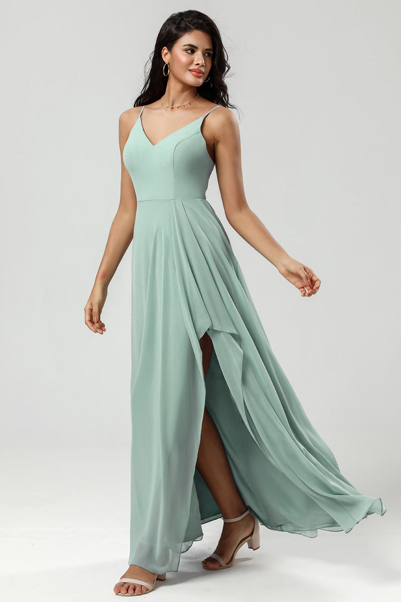 Load image into Gallery viewer, Green Spaghetti Straps Long Bridesmaid Dress with Ruffles