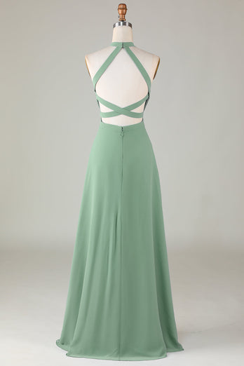 A-Line Halter Open Back Matcha Bridesmaid Dress with Split Front