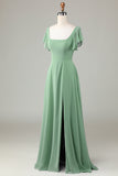 Square Neck Matcha Bridesmaid Dress with Ruffles