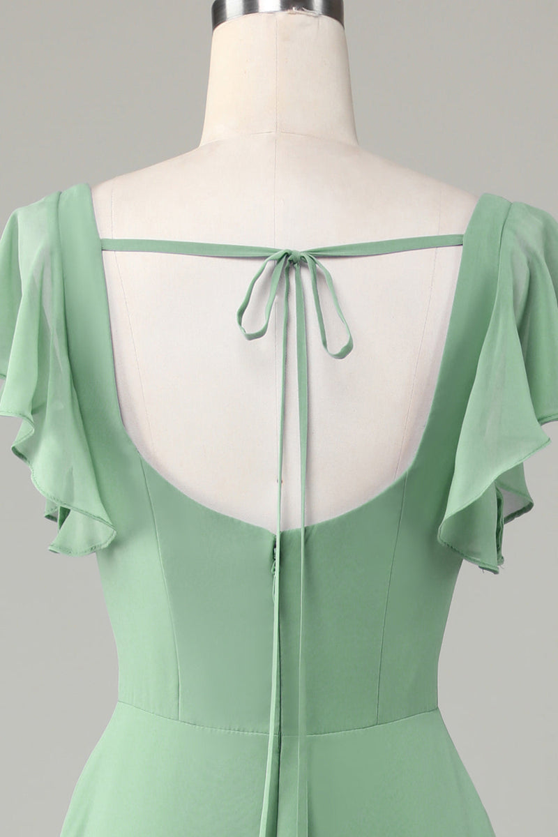 Load image into Gallery viewer, Square Neck Matcha Bridesmaid Dress with Ruffles