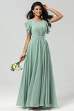 Chiffon A Line Green Bridesmaid Dress with Pleats