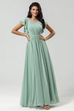 Chiffon A Line Green Bridesmaid Dress with Pleats