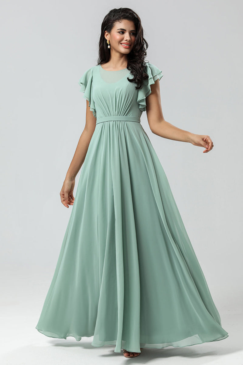 Load image into Gallery viewer, Chiffon A Line Green Bridesmaid Dress with Pleats