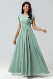 Chiffon A Line Green Bridesmaid Dress with Pleats