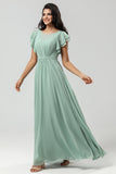 Chiffon A Line Green Bridesmaid Dress with Pleats