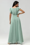 Chiffon A Line Green Bridesmaid Dress with Pleats