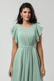 Chiffon A Line Green Bridesmaid Dress with Pleats