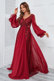 Burgundy Beaded Long Formal Dress with Lace