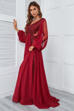 Burgundy Beaded Long Formal Dress with Lace
