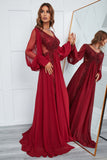 Burgundy Beaded Long Formal Dress with Lace