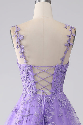 Lilac A-Line Spaghetti Straps Long Formal Dress with Appliques