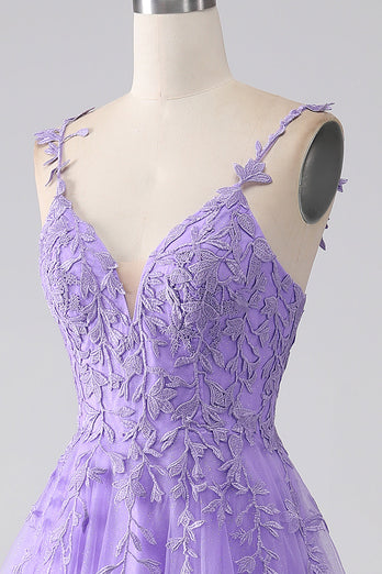 Lilac A-Line Spaghetti Straps Long Formal Dress with Appliques