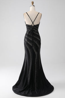 Mermaid Beaded Black Formal Dress with Slit