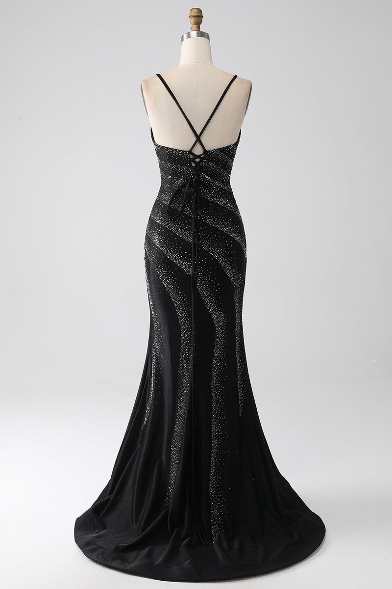 Load image into Gallery viewer, Mermaid Beaded Black Formal Dress with Slit