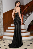 Sparkly Mermaid Spaghetti Straps Black Long Formal Dress with Beading Split Front