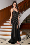 Sparkly Mermaid Spaghetti Straps Black Long Formal Dress with Beading Split Front