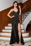 Sparkly Mermaid Spaghetti Straps Black Long Formal Dress with Beading Split Front