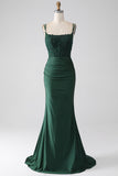 Dark Green Mermaid Spaghetti Straps Long Corset Formal Dress